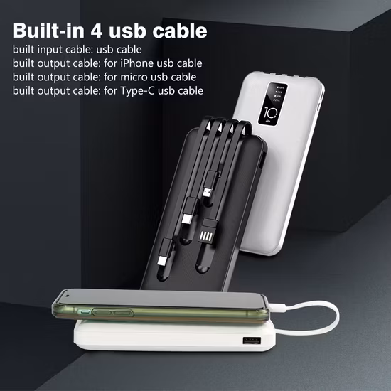 Cargador de banco de energía de carga rápida de 10000 mAh Micro USB incorporado/Tipo-C/Iluminación/Cable USB 4 en 1 Banco de energía móvil portátil